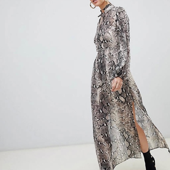 River Island Maxi Dress High Neck Snakeskin Print Boho Bohemian Sheer Casual - Picture 3 of 6